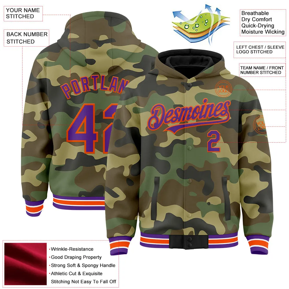 Custom Camo Purple-Orange Bomber Full-Snap Varsity Letterman Salute To Service Hoodie Jacket