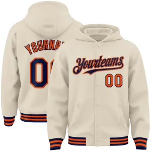 Custom Cream Navy-Orange Bomber Full-Snap Varsity Letterman Hoodie Jacket