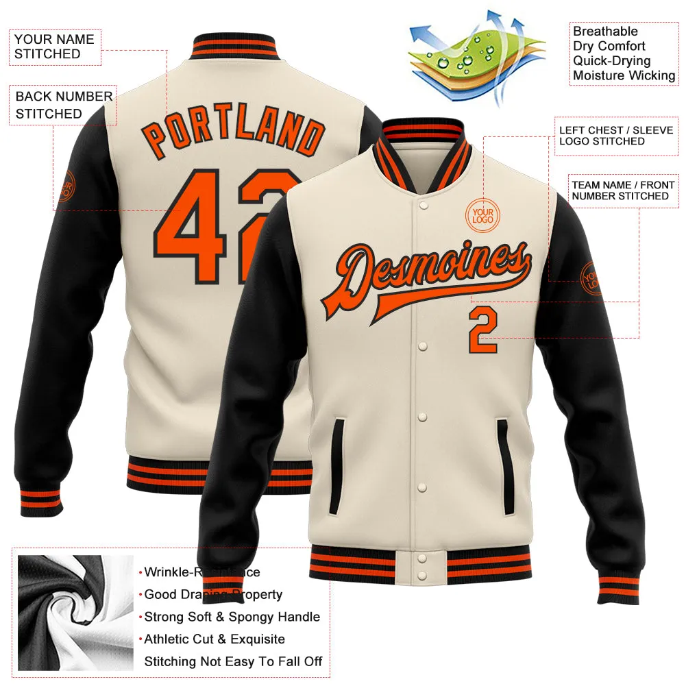 Custom Cream Orange-Black Bomber Full-Snap Varsity Letterman Two Tone Jacket