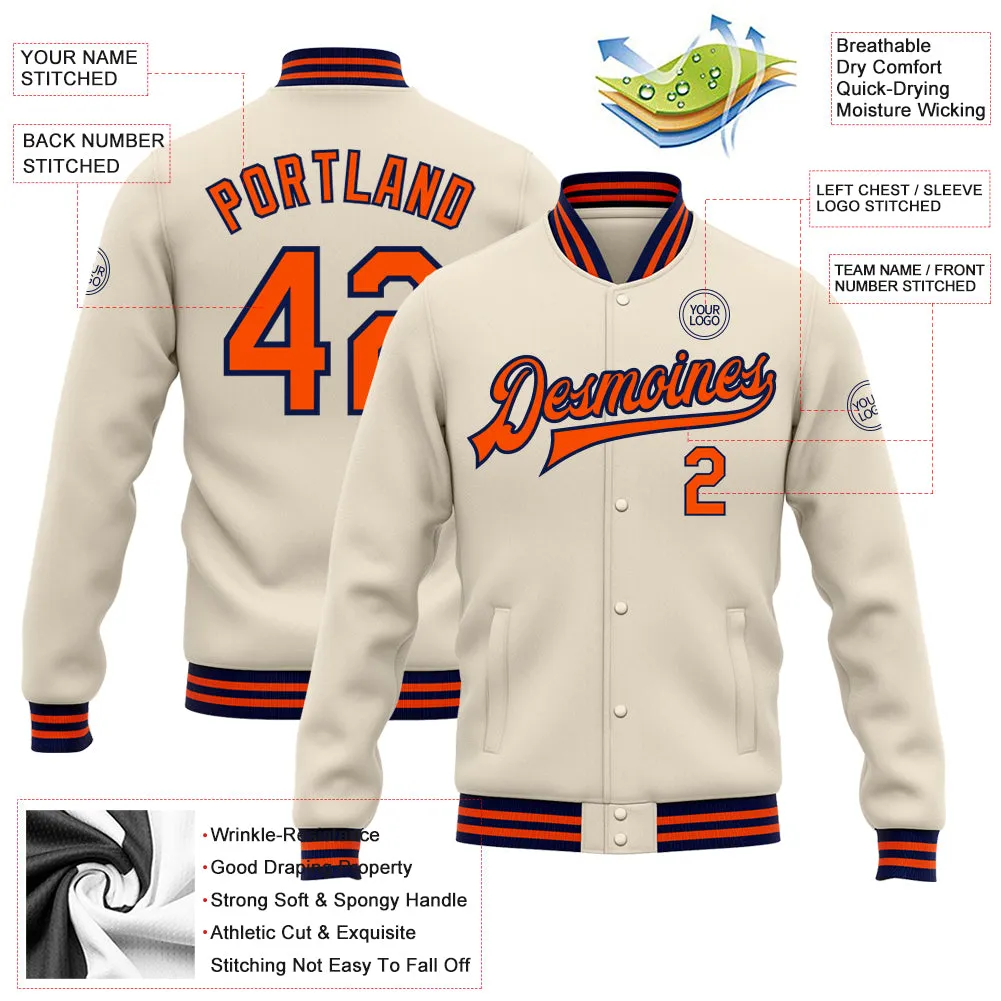 Custom Cream Orange-Navy Bomber Full-Snap Varsity Letterman Jacket