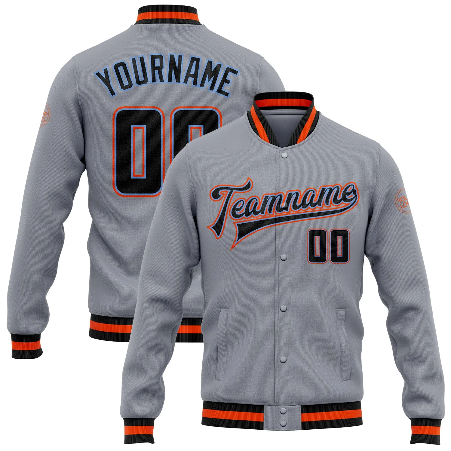 Custom Gray Black Powder Blue-Orange Bomber Full-Snap Varsity Letterman Jacket