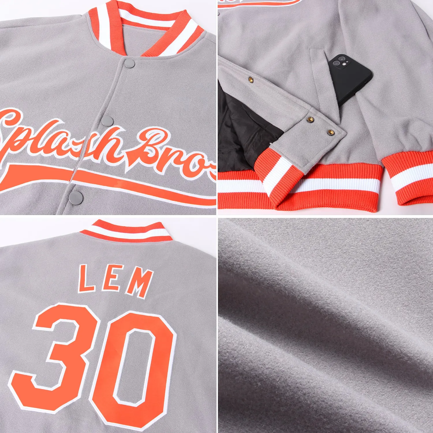 Custom Gray Orange-White Bomber Full-Snap Varsity Letterman Jacket