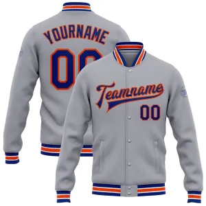 Custom Gray Royal-Orange Bomber Full-Snap Varsity Letterman Jacket