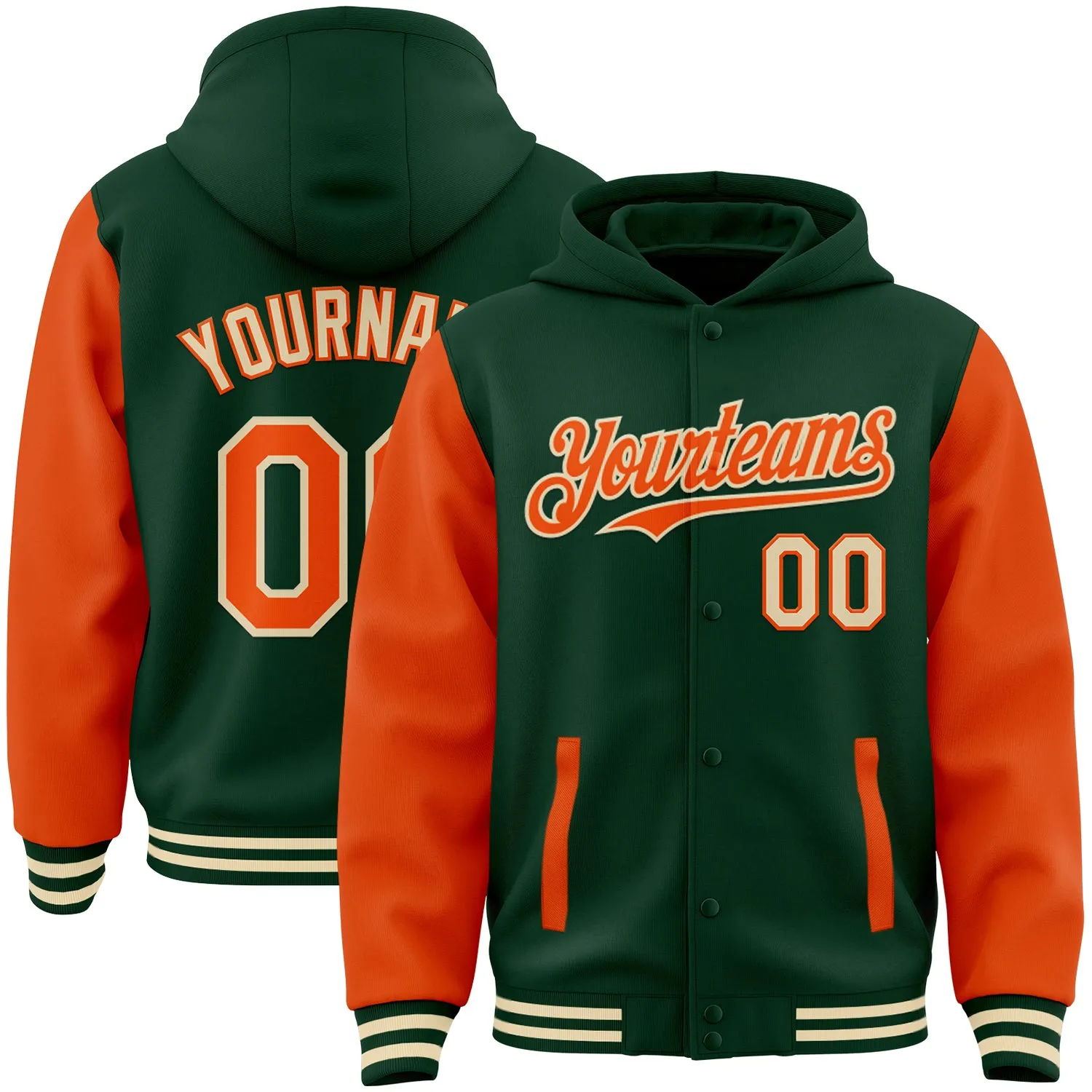 Custom Green Orange-Cream Bomber Full-Snap Varsity Letterman Two Tone Hoodie Jacket