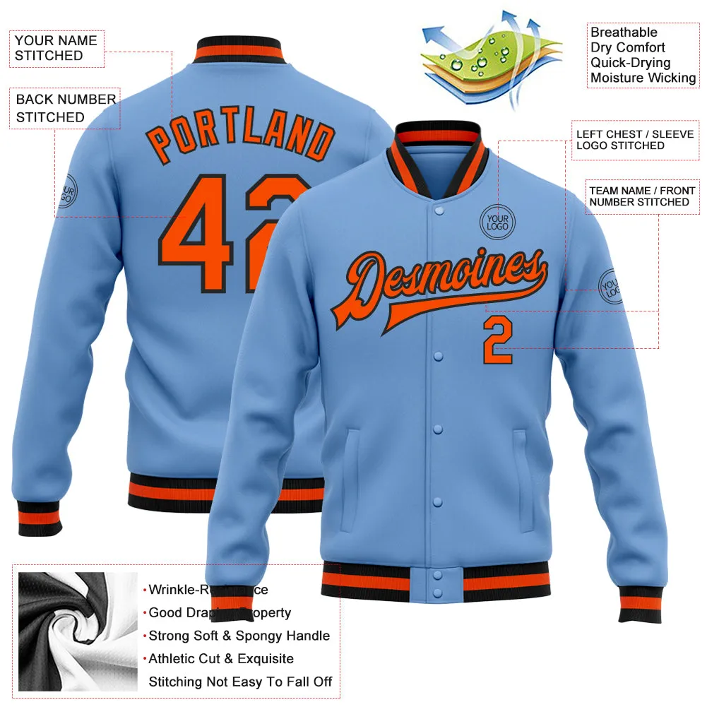 Custom Light Blue Orange-Black Bomber Full-Snap Varsity Letterman Jacket