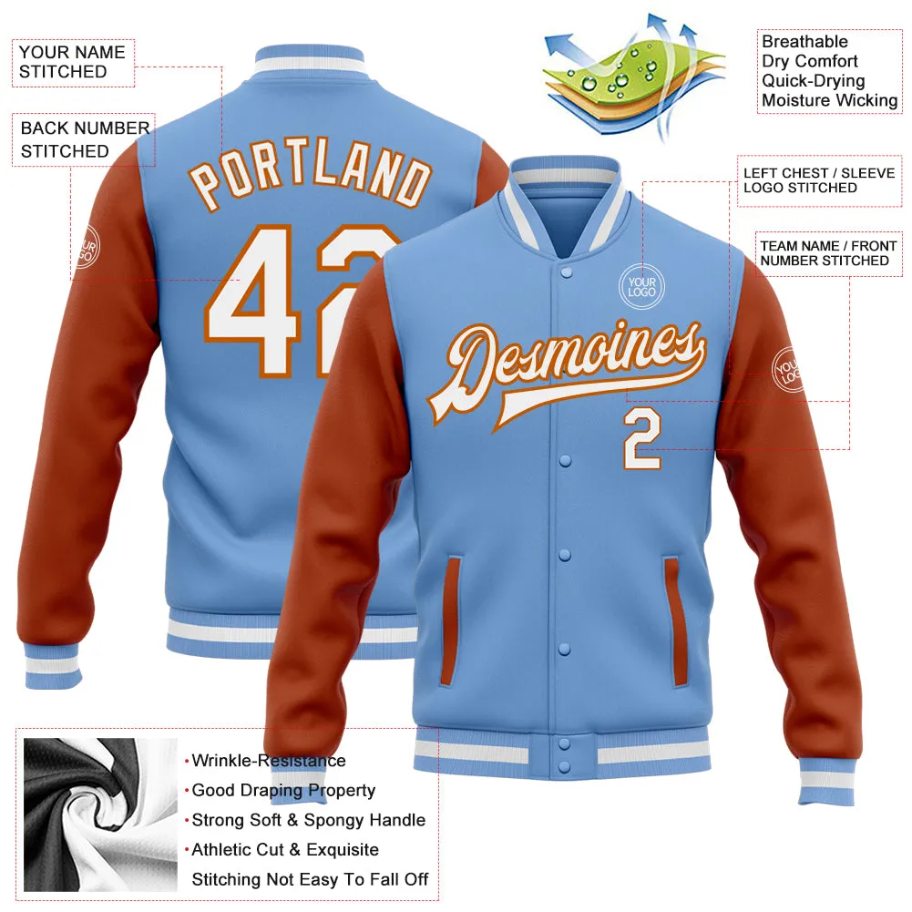 Custom Light Blue White-Texas Orange Bomber Full-Snap Varsity Letterman Two Tone Jacket