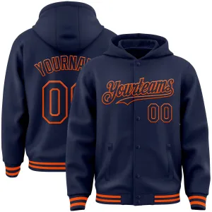 Custom Navy Orange Bomber Full-Snap Varsity Letterman Hoodie Jacket