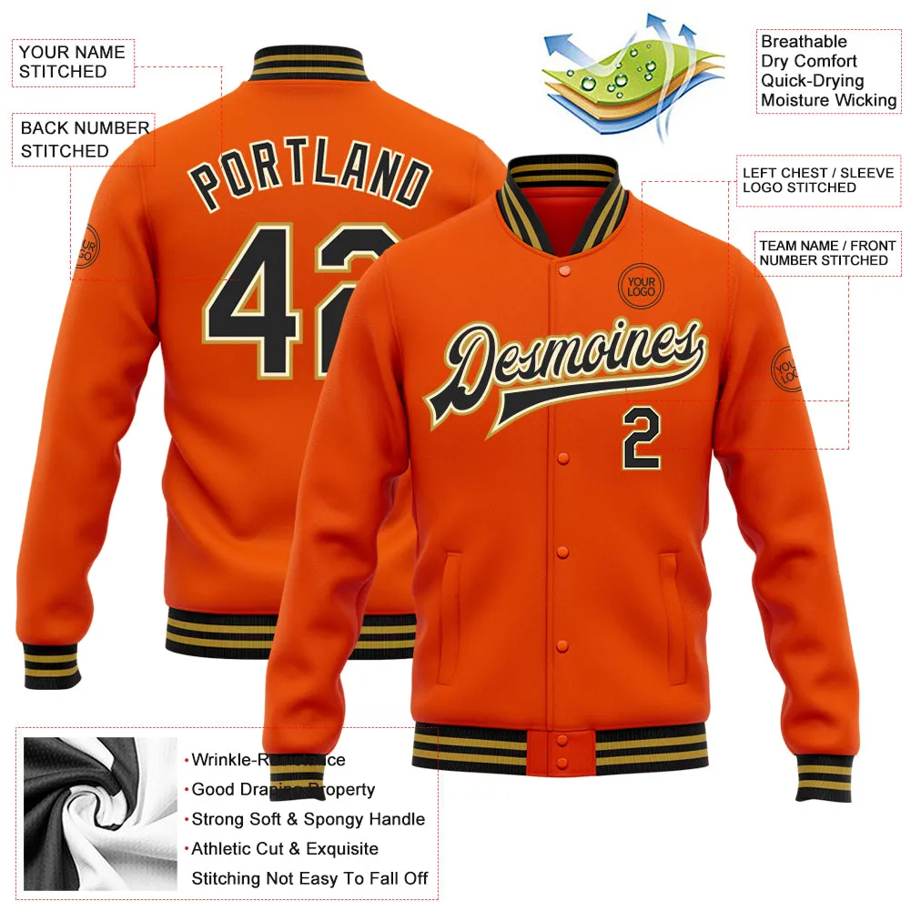 Custom Orange Black Cream-Old Gold Bomber Full-Snap Varsity Letterman Jacket