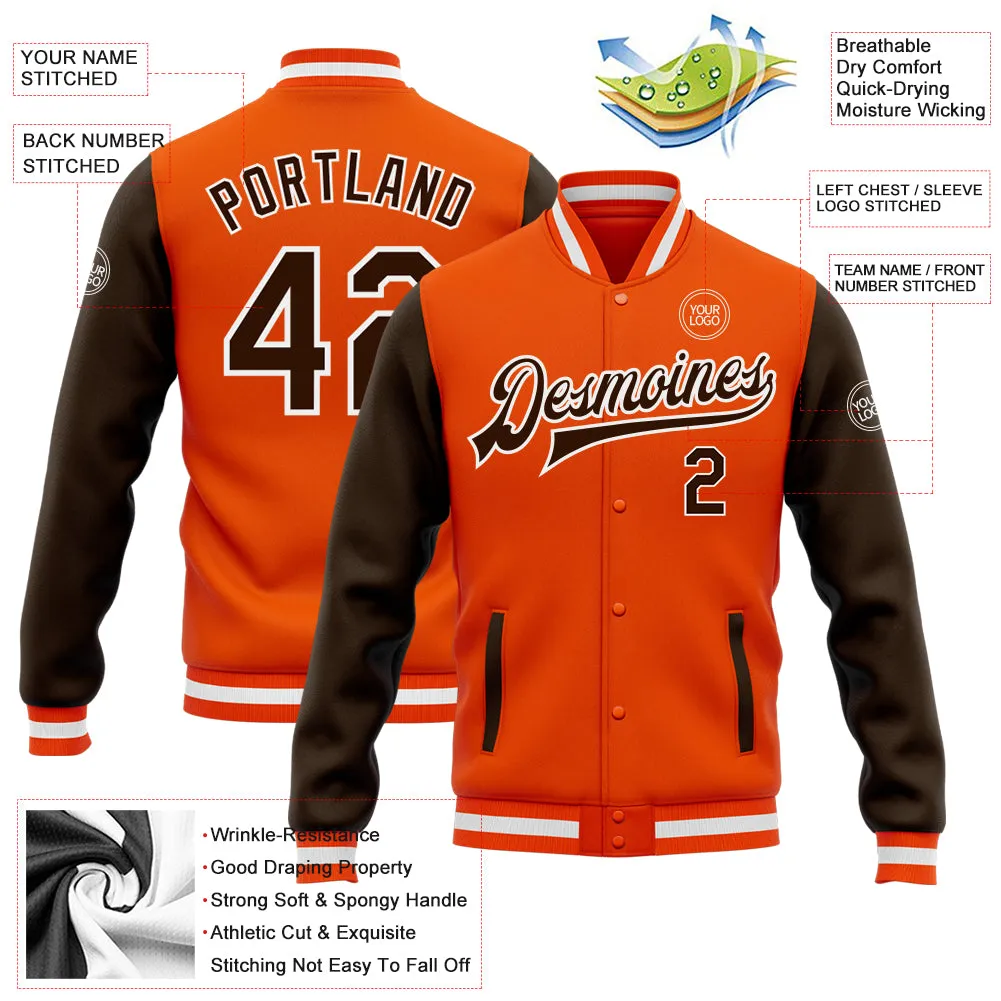 Custom Orange Brown-White Bomber Full-Snap Varsity Letterman Two Tone Jacket