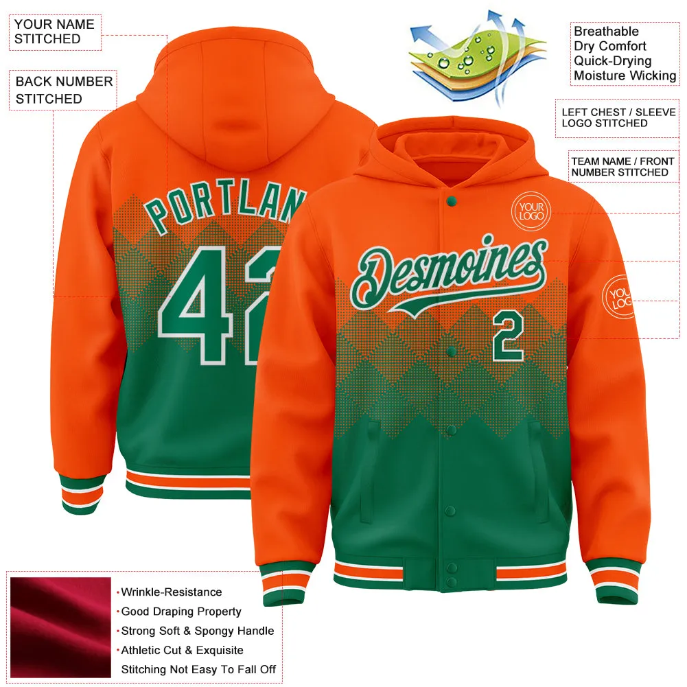 Custom Orange Kelly Green-White Gradient Square Shape 3D Pattern Design Bomber Full-Snap Varsity Letterman Hoodie Jacket