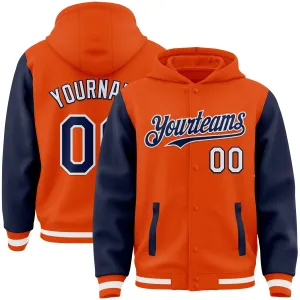 Custom Orange Navy-White Bomber Full-Snap Varsity Letterman Two Tone Hoodie Jacket