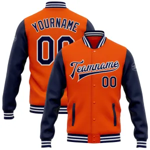 Custom Orange Navy-White Bomber Full-Snap Varsity Letterman Two Tone Jacket