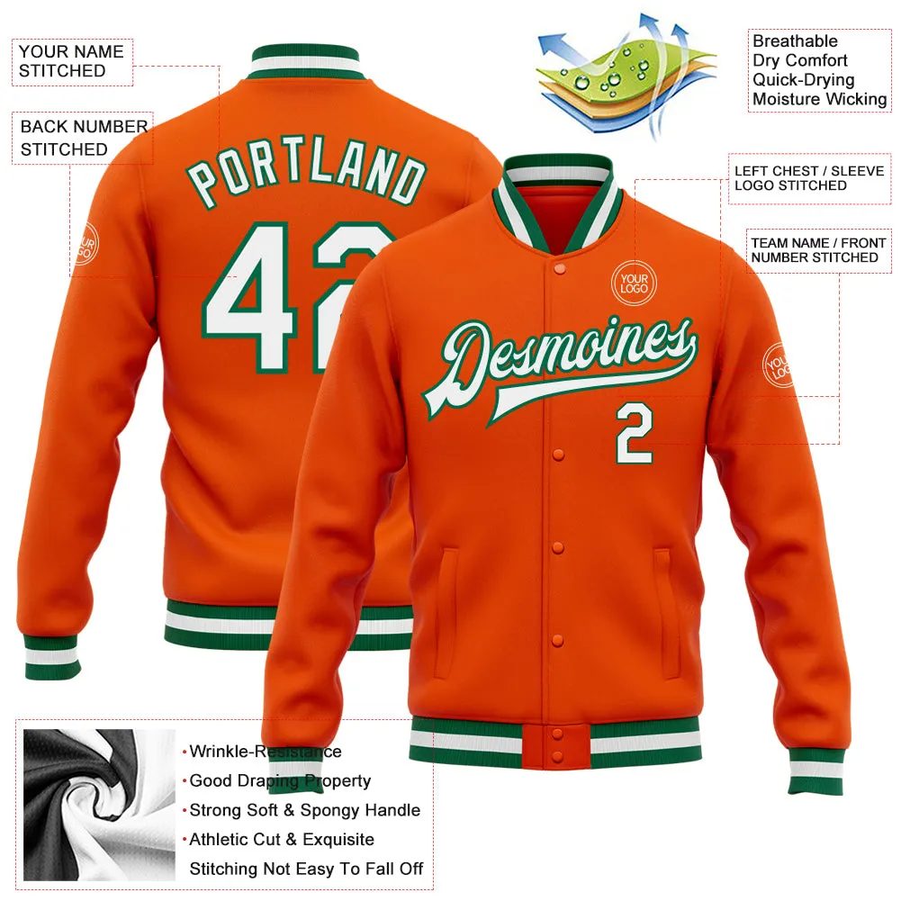 Custom Orange White-Kelly Green Bomber Full-Snap Varsity Letterman Jacket