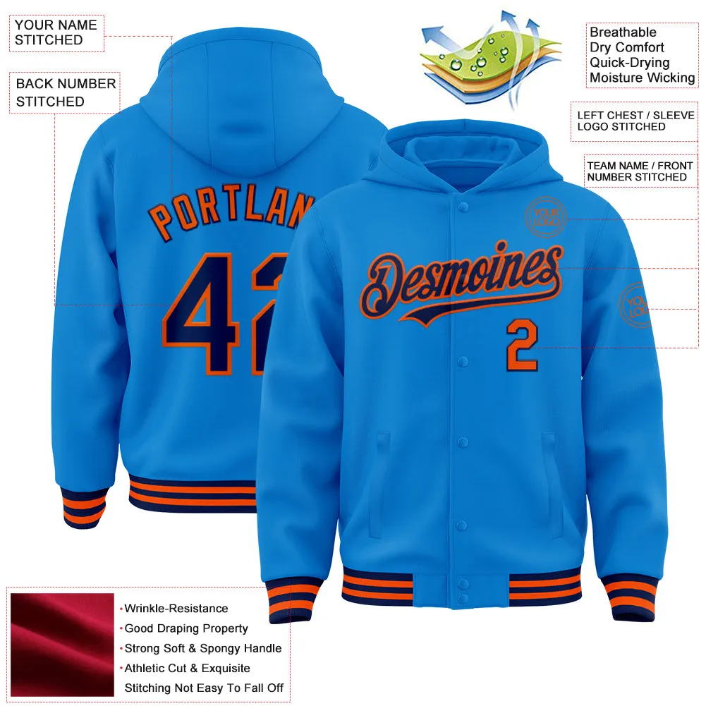 Custom Powder Blue Navy-Orange Bomber Full-Snap Varsity Letterman Hoodie Jacket