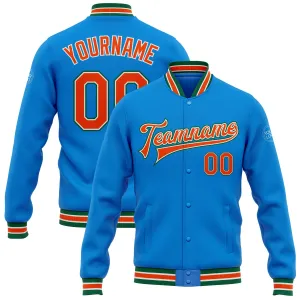 Custom Powder Blue Orange-Kelly Green Bomber Full-Snap Varsity Letterman Jacket