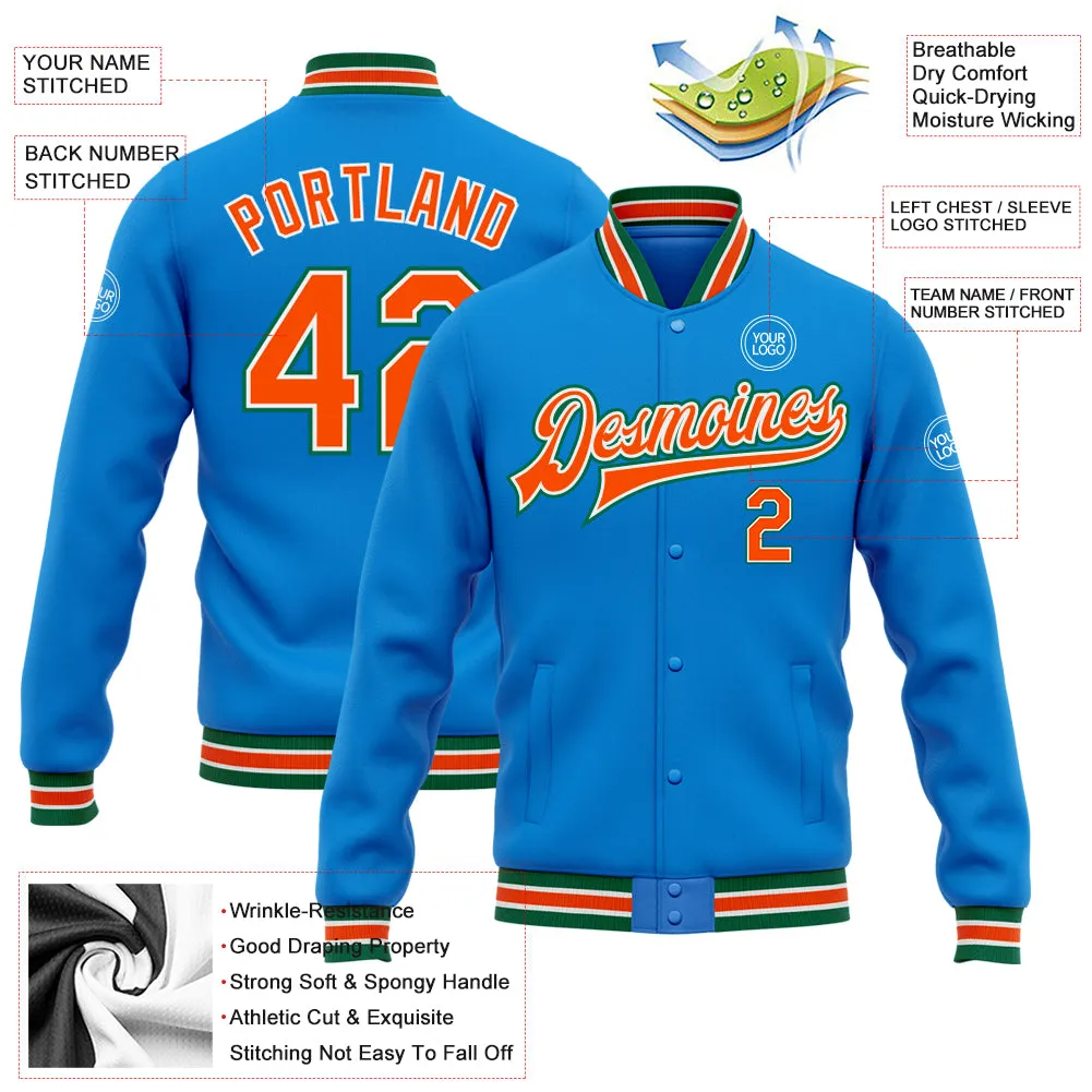 Custom Powder Blue Orange-Kelly Green Bomber Full-Snap Varsity Letterman Jacket