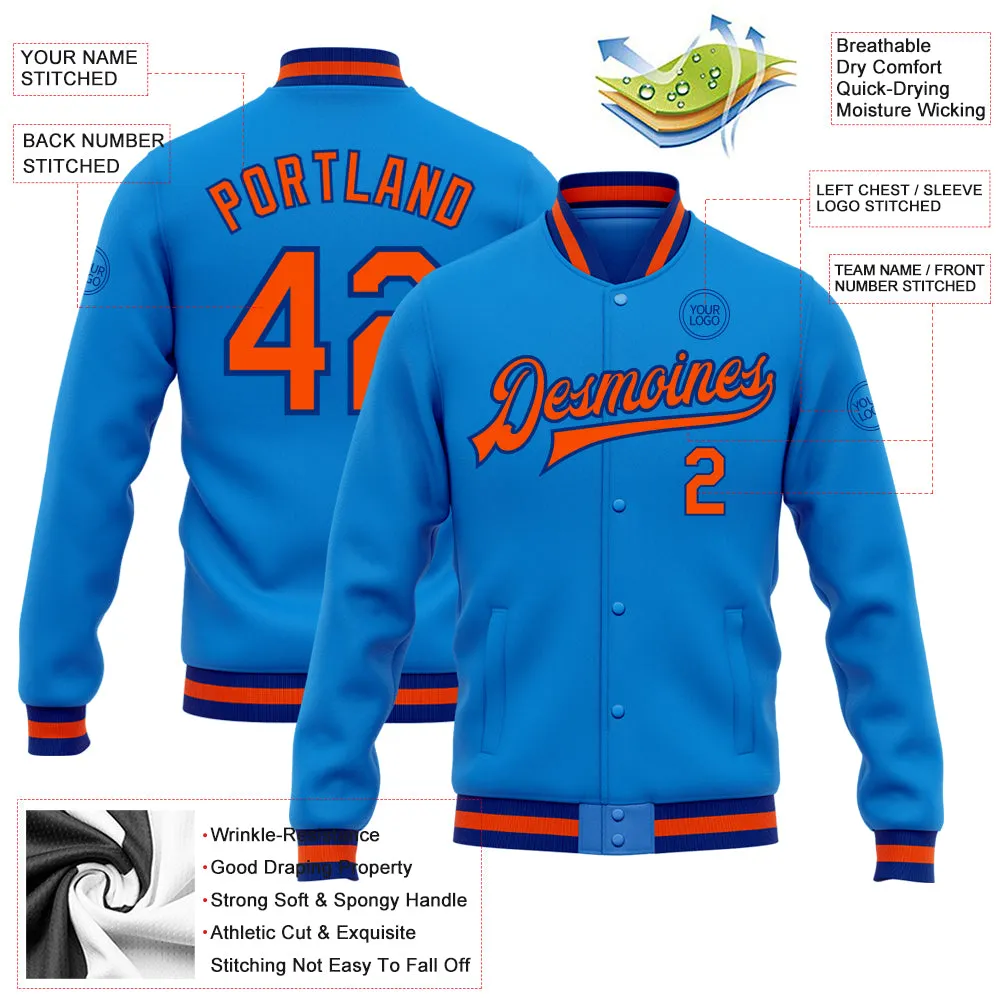 Custom Powder Blue Orange-Royal Bomber Full-Snap Varsity Letterman Jacket