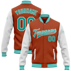 Custom Texas Orange Aqua-White Bomber Full-Snap Varsity Letterman Two Tone Jacket