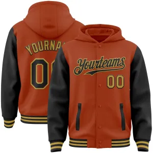 Custom Texas Orange Black-Old Gold Bomber Full-Snap Varsity Letterman Two Tone Hoodie Jacket