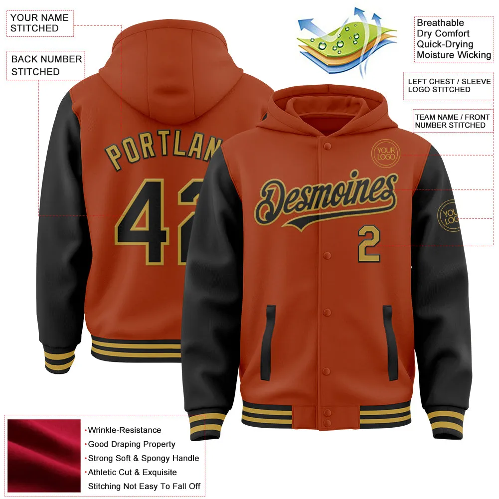 Custom Texas Orange Black-Old Gold Bomber Full-Snap Varsity Letterman Two Tone Hoodie Jacket