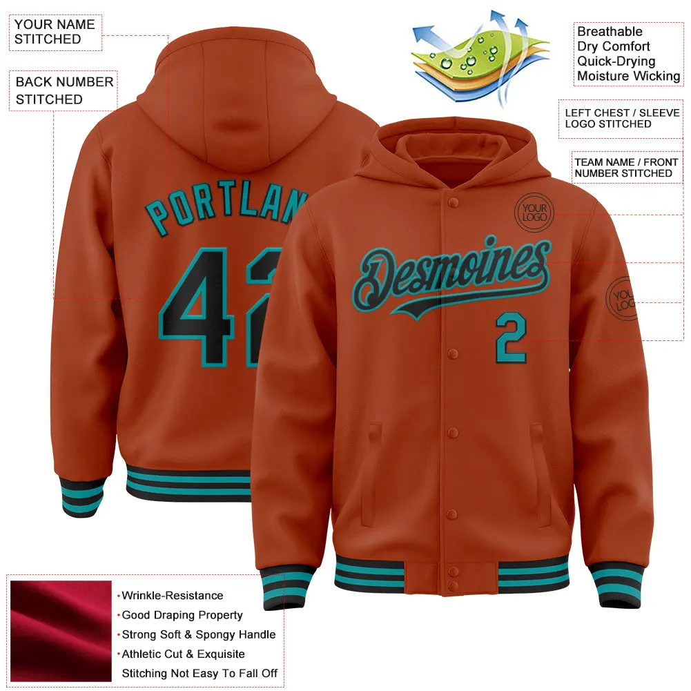 Custom Texas Orange Black-Teal Bomber Full-Snap Varsity Letterman Hoodie Jacket