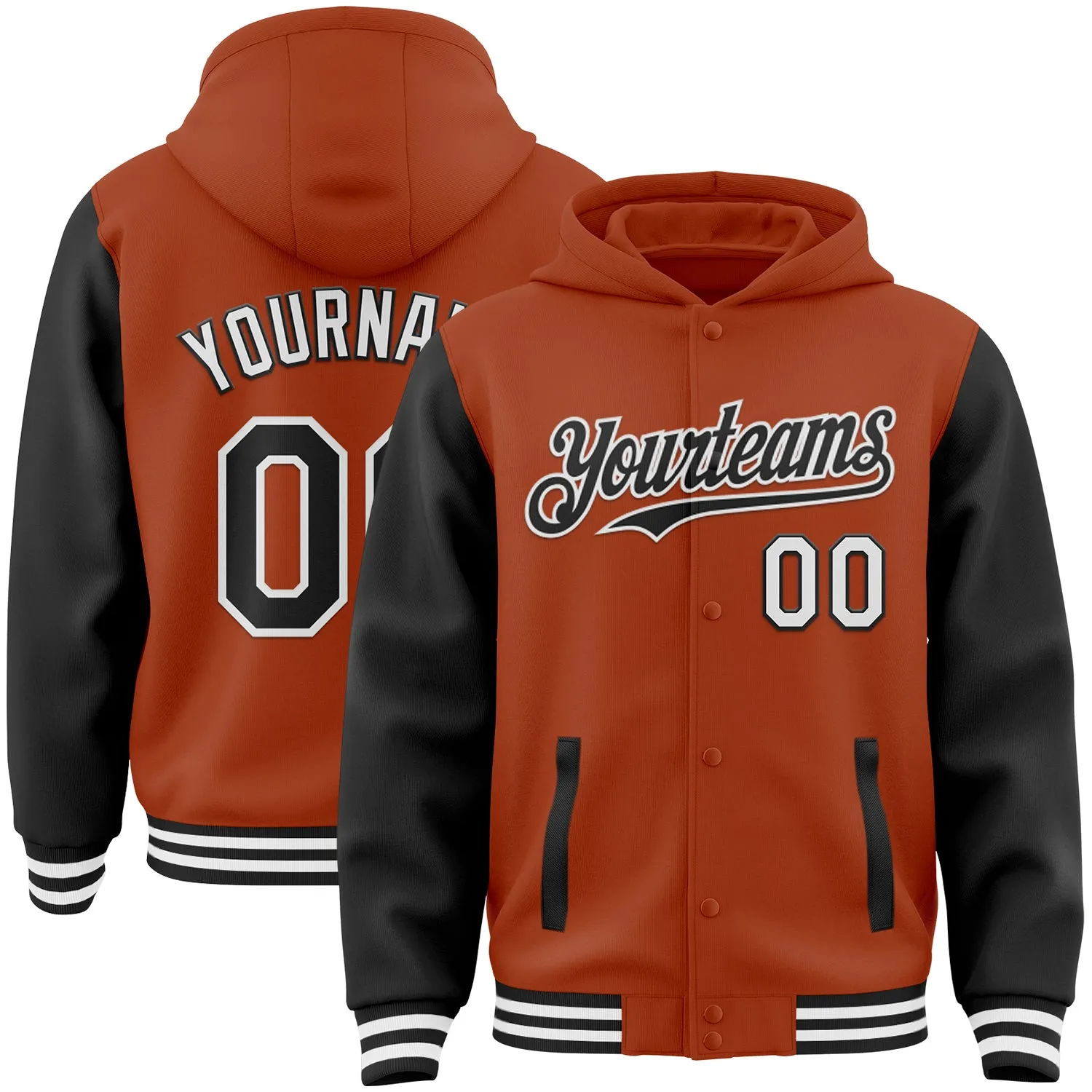 Custom Texas Orange Black-White Bomber Full-Snap Varsity Letterman Two Tone Hoodie Jacket