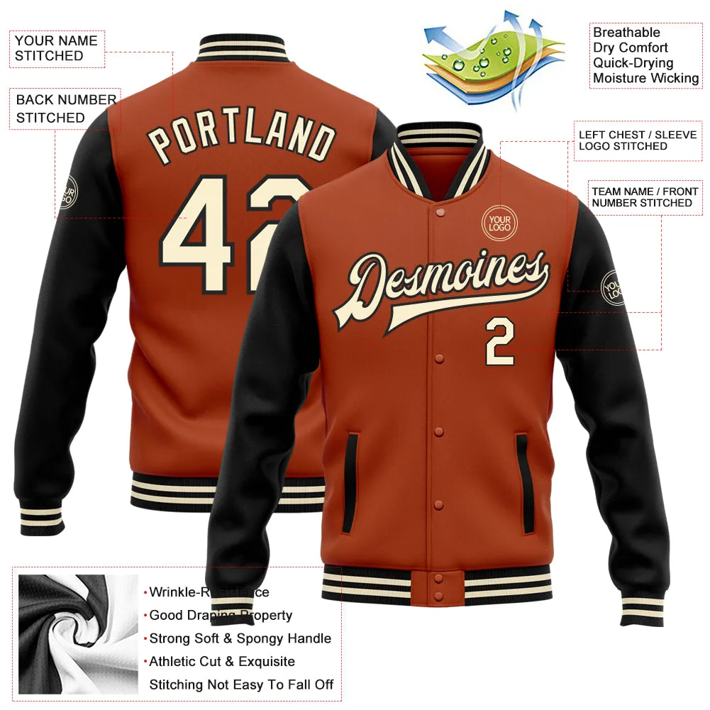 Custom Texas Orange Cream-Black Bomber Full-Snap Varsity Letterman Two Tone Jacket