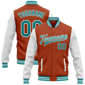 Custom Texas Orange Teal-White Bomber Full-Snap Varsity Letterman Two Tone Jacket