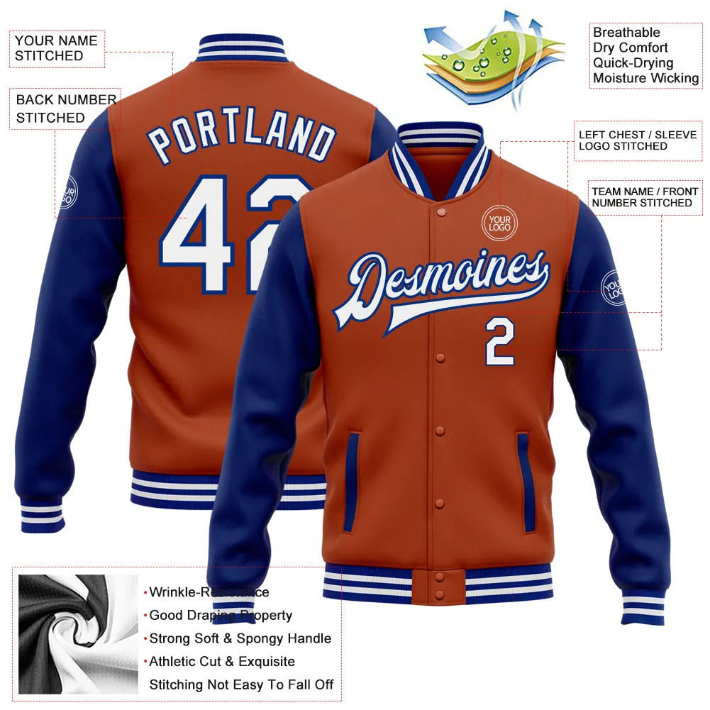 Custom Texas Orange White-Royal Bomber Full-Snap Varsity Letterman Two Tone Jacket