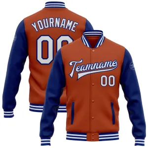 Custom Texas Orange White-Royal Bomber Full-Snap Varsity Letterman Two Tone Jacket