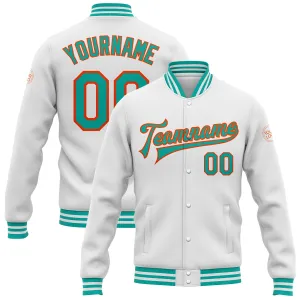 Custom White Aqua-Orange Bomber Full-Snap Varsity Letterman Jacket