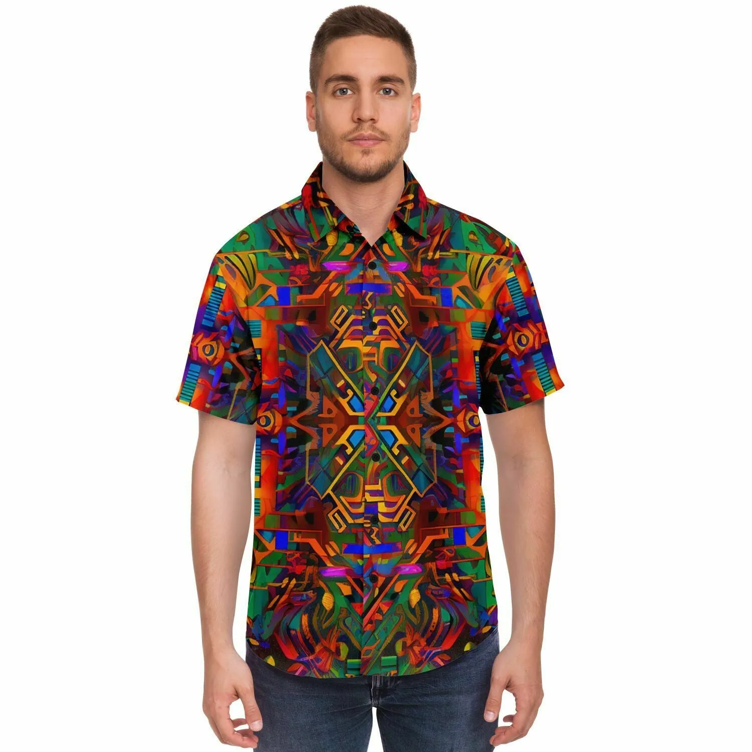 CYBER MANDALA Short Sleeve Button Down Shirt | LACHLAN WARDLAW x ACIDMATH AI