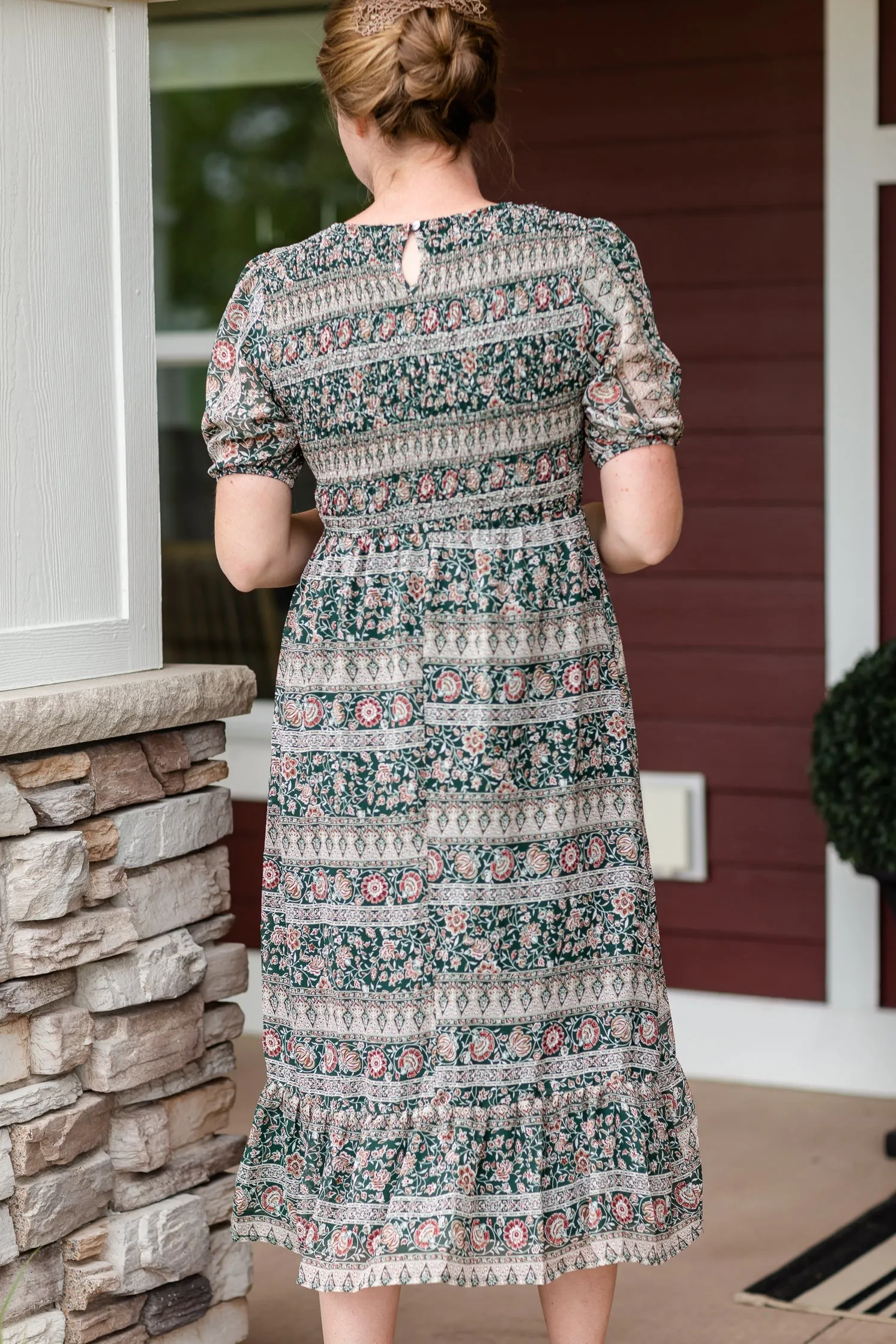 Dark Green Smocked Tiered Midi Dress - FINAL SALE