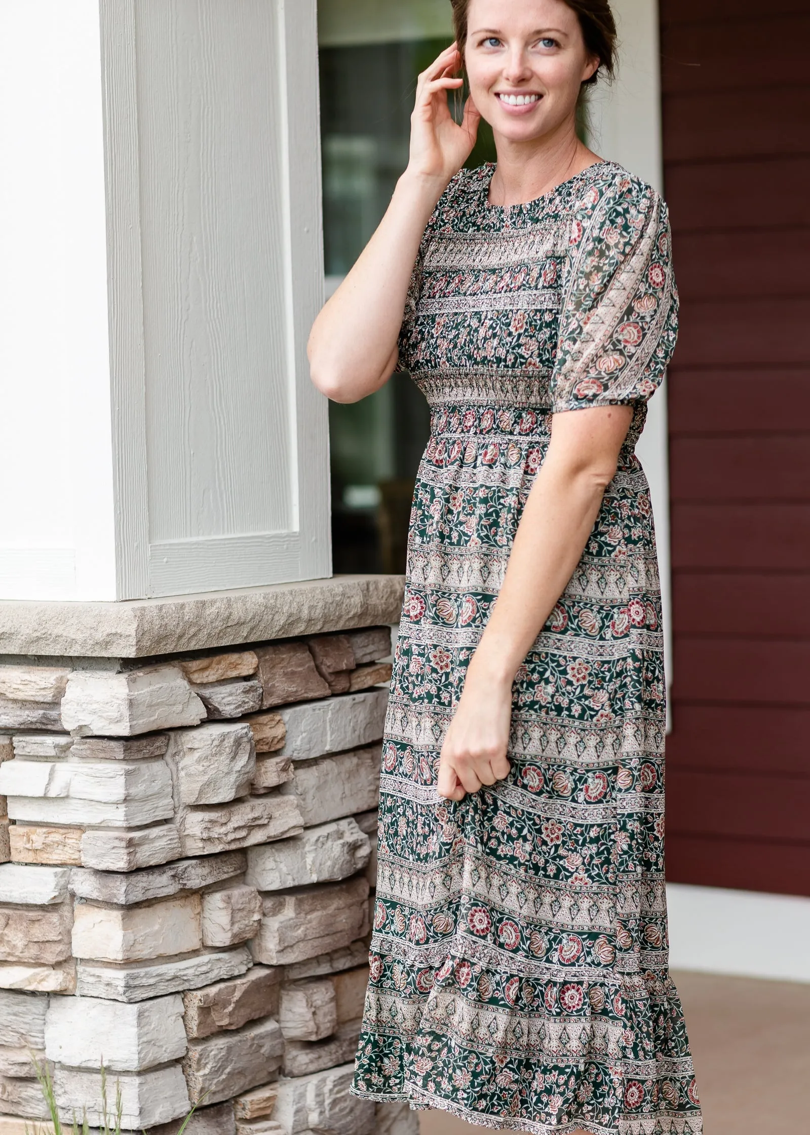 Dark Green Smocked Tiered Midi Dress - FINAL SALE