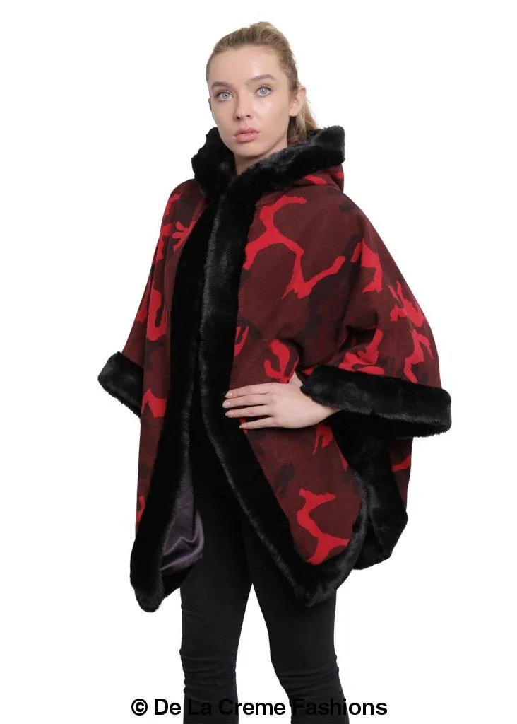 De La Creme - Women's Camo Print Fur Trim Hooded Cape