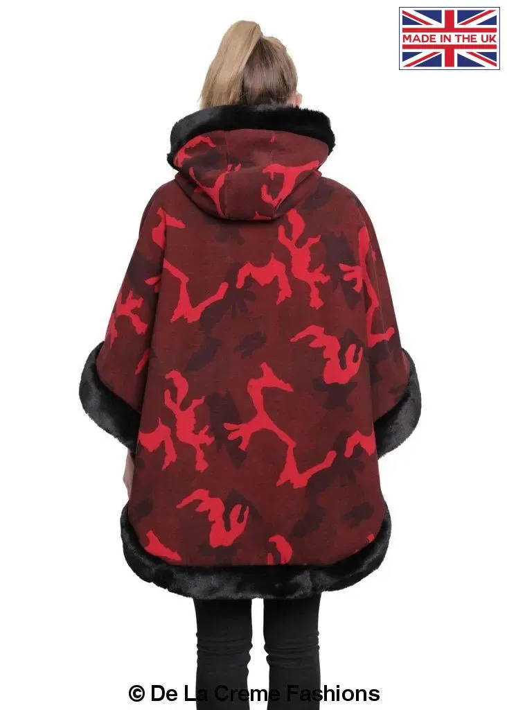 De La Creme - Women's Camo Print Fur Trim Hooded Cape