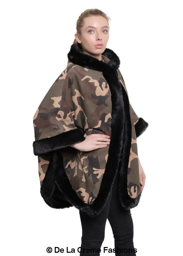 De La Creme - Women's Camo Print Fur Trim Hooded Cape