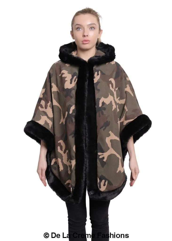 De La Creme - Women's Camo Print Fur Trim Hooded Cape