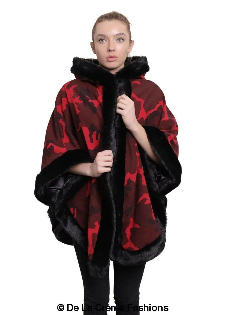 De La Creme - Women's Camo Print Fur Trim Hooded Cape