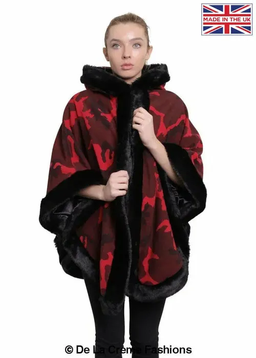 De La Creme - Women's Camo Print Fur Trim Hooded Cape