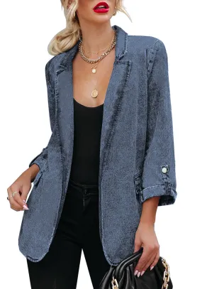 Deep Blue Lapel Collar Flap Pockets Open-Front Denim Blazer