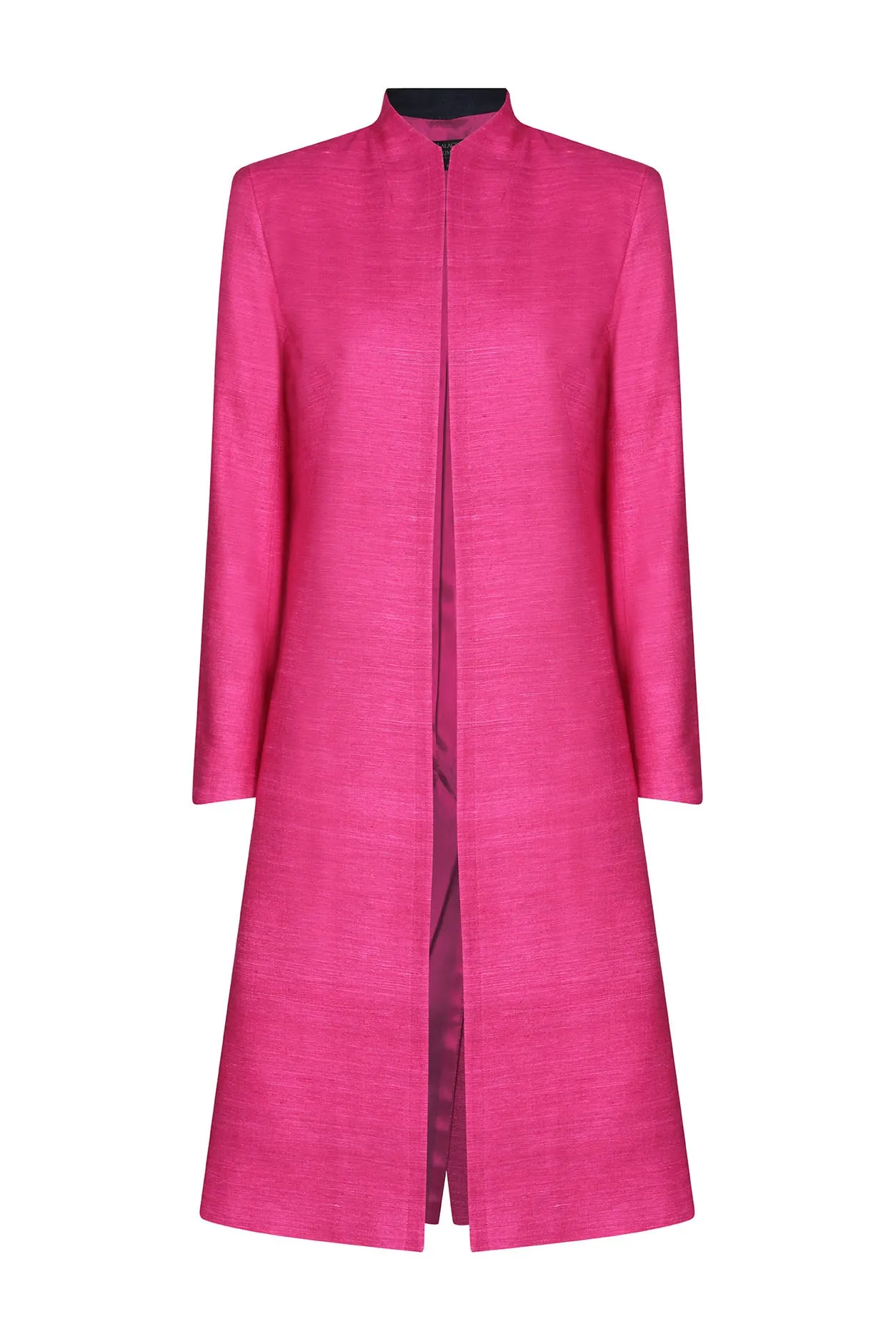 Dress Coat in Fuchsia and Navy Slubbed Silk Tussar - Leila