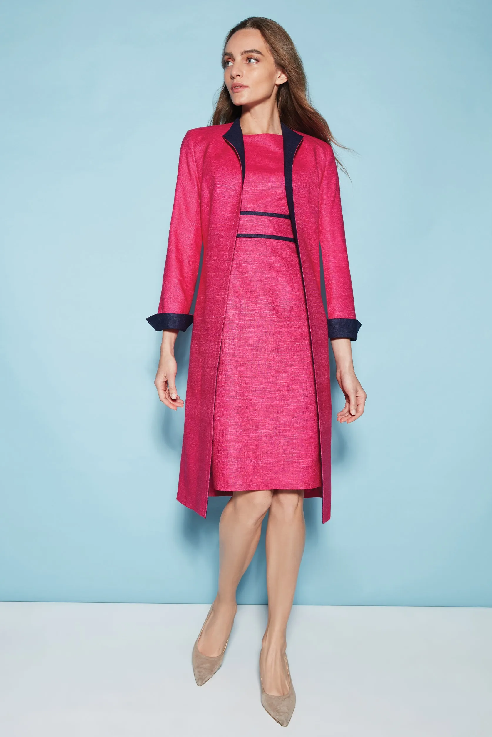 Dress Coat in Fuchsia and Navy Slubbed Silk Tussar - Leila