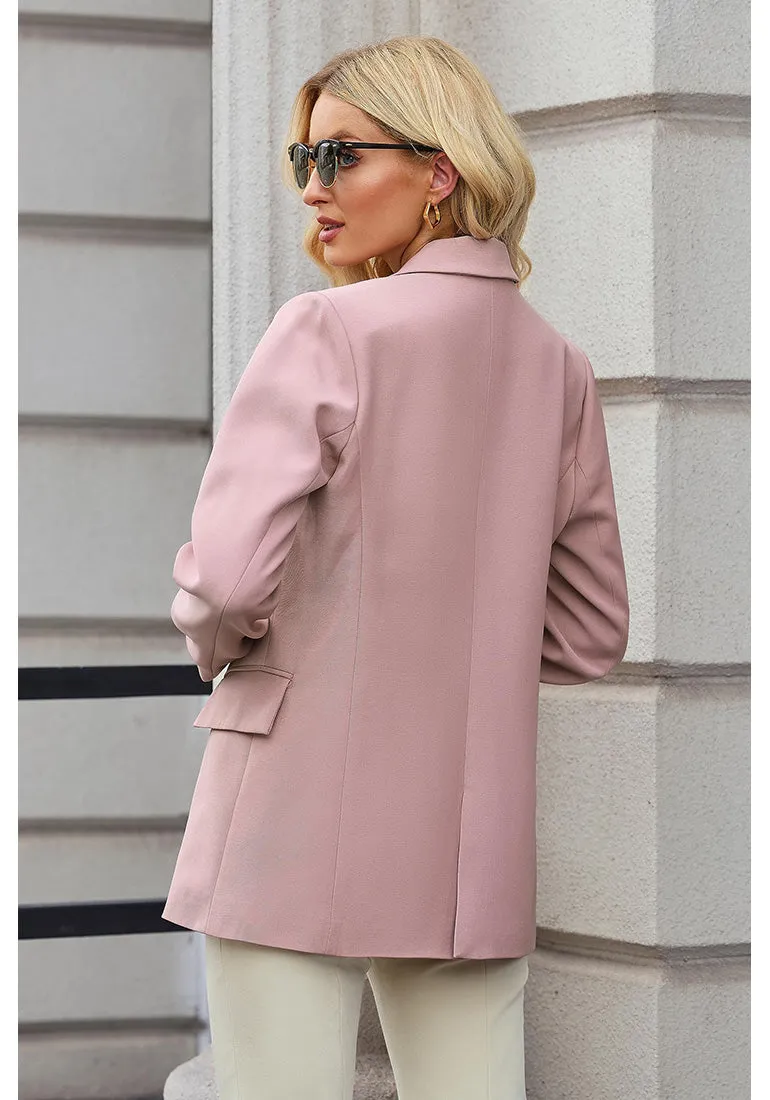 Dusty Pink Women's Office Casual Long Sleeve Pocket Blazer Jacket