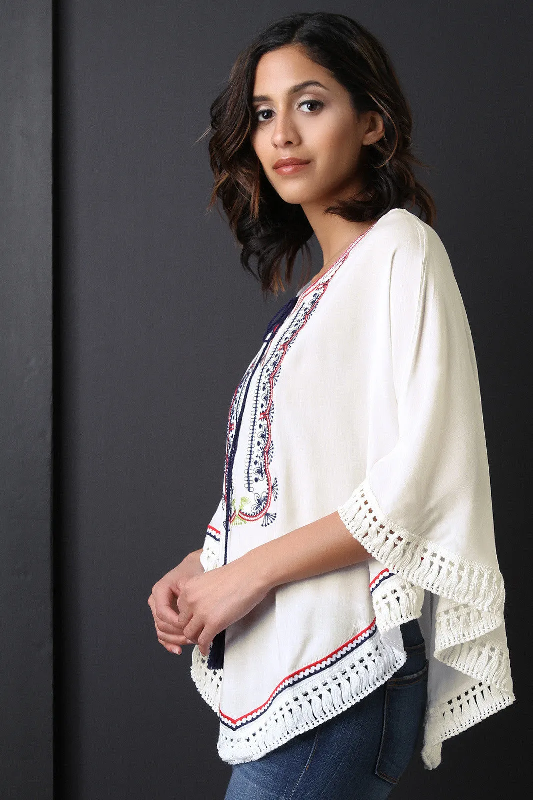 Embroidered Round Neck Tassel-Tie Poncho