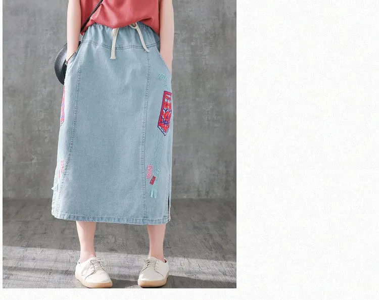 Embroidered Vintage Denim Skirt