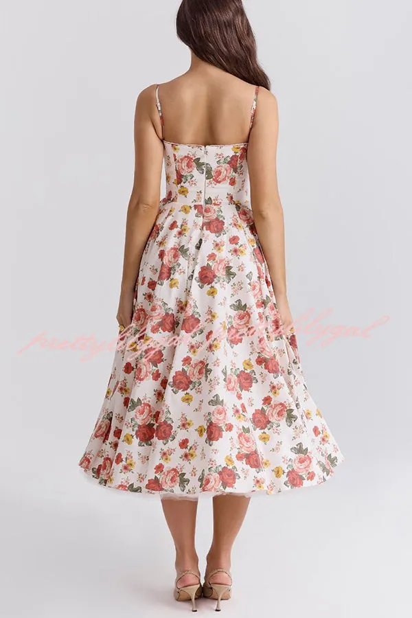 Fairy Tale Gorgeous Italian Rose Print Tulle Pocketed Slip Midi Dress