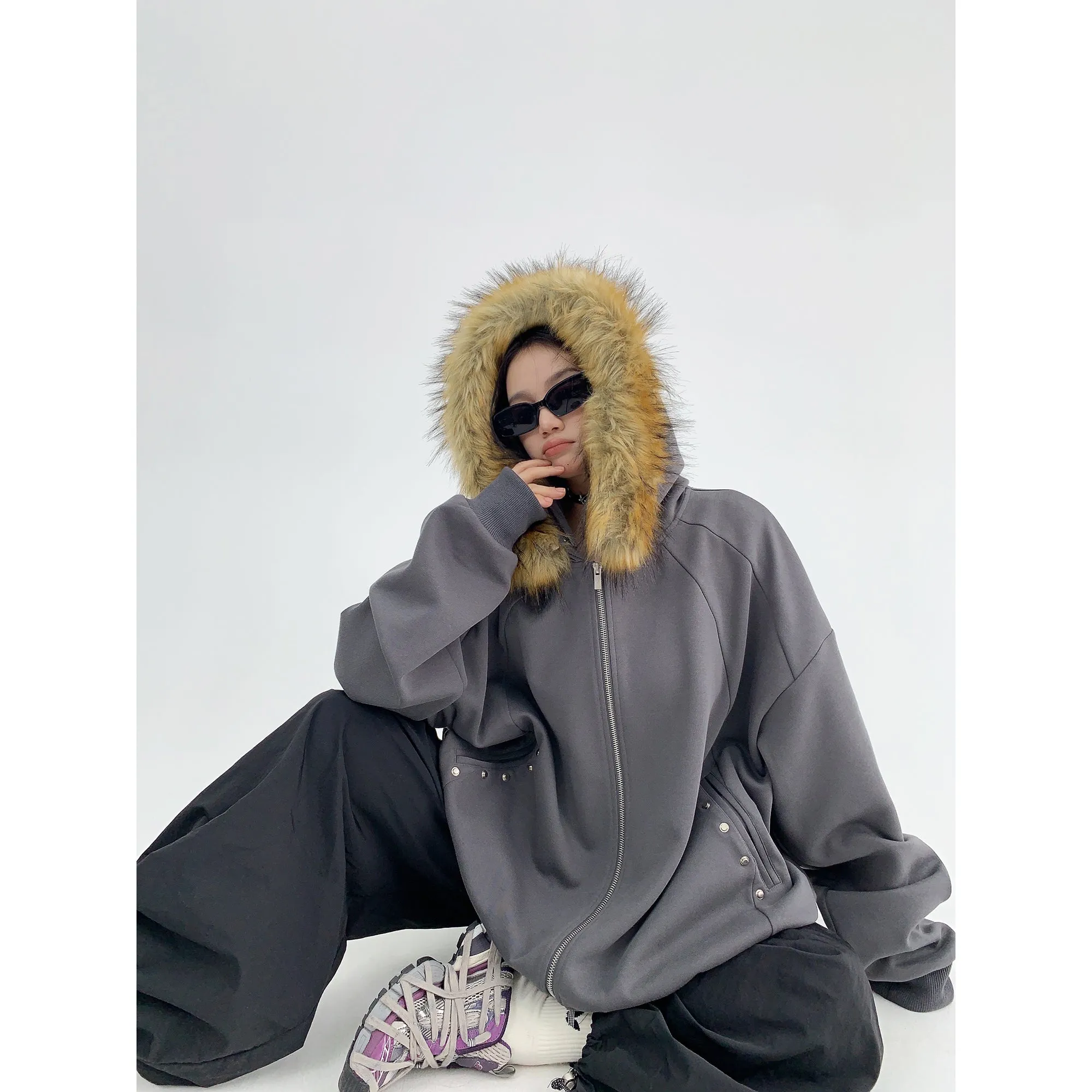 Faux Fur Trim Oversized Hooded Coat