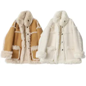 Faux Fur Trim Shearling Coat