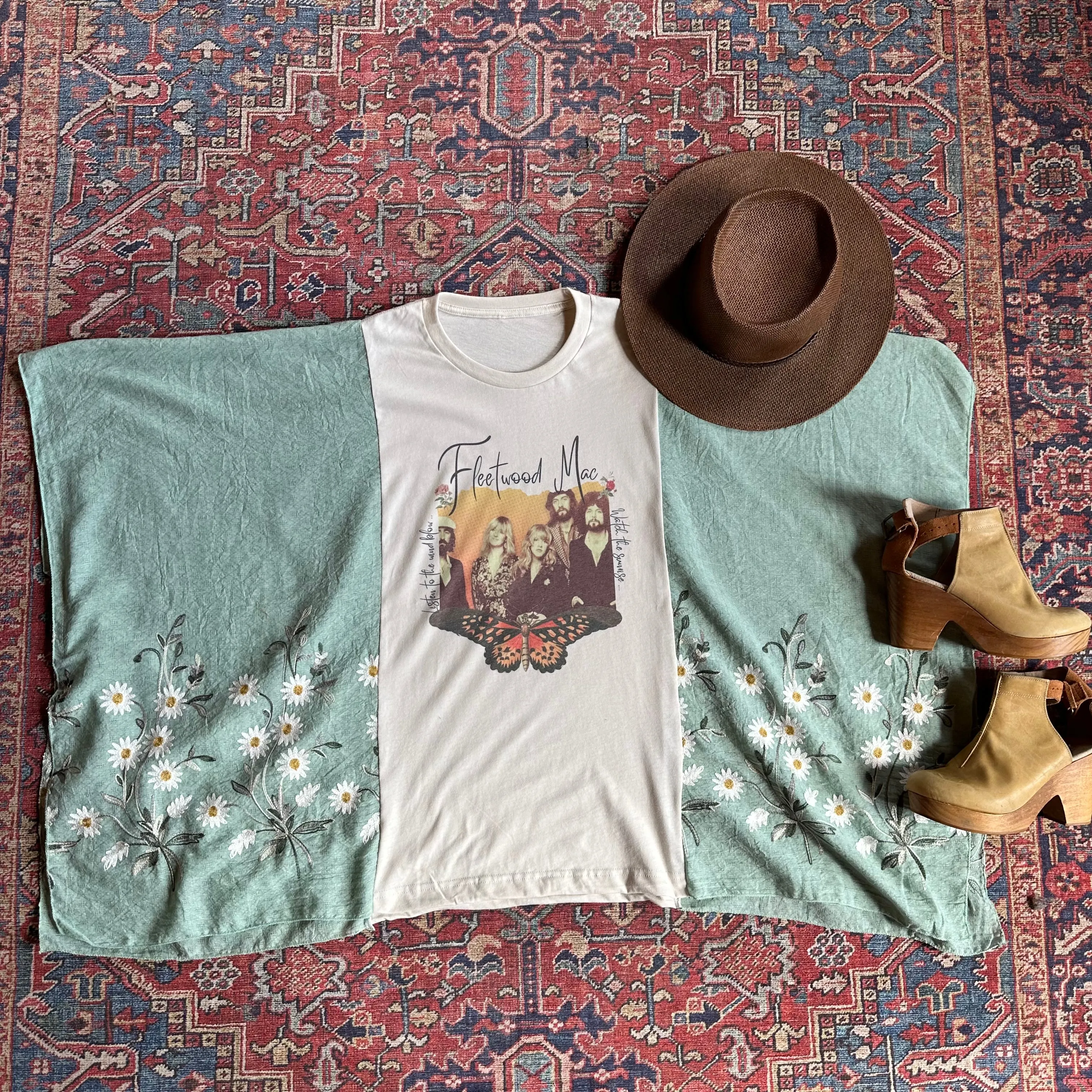 Fleetwood Mac Butterfly Inspired Sage Daisy Embroidered Poncho - LIMITED RELEASE